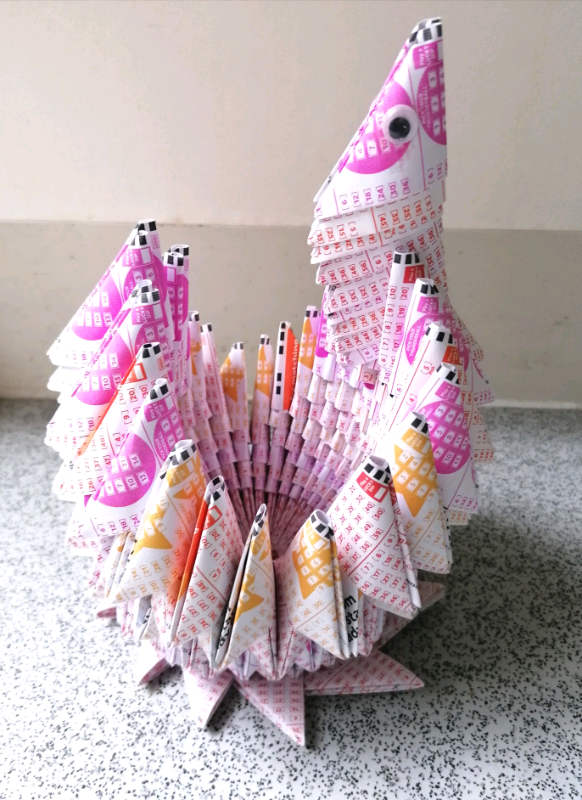 LOVELY ART HANDMADE INTRICATE 3D ORIGAMI SWAN - NATIONAL LOTTERY SLIPS