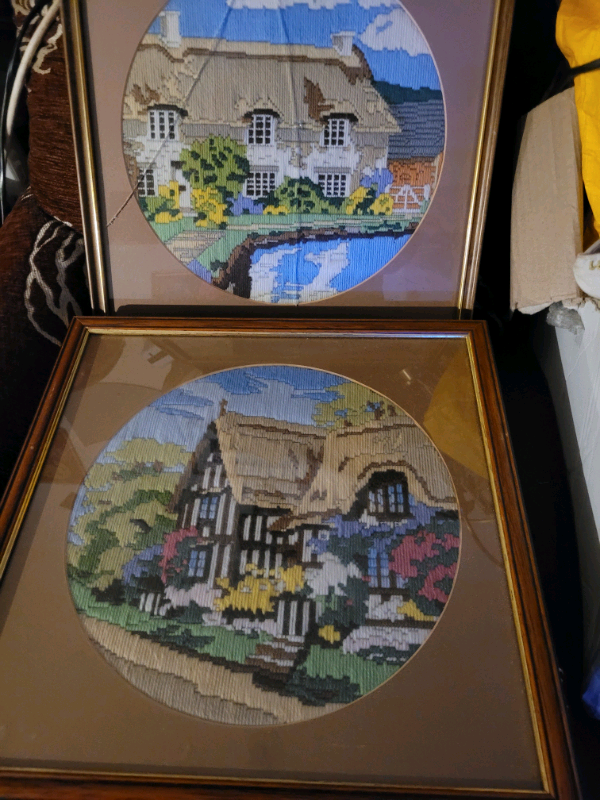 Tapestry framed picture of Cottage and  village 