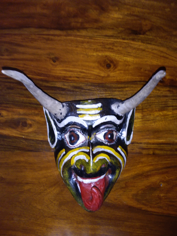 Vintage Mexican wood hand carved mask with horns
