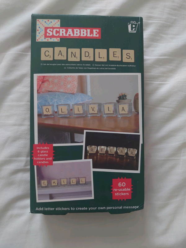 Scrabble set of 6 tea lights and glass candle holders with letter stic