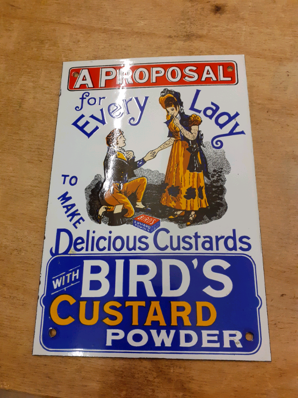 1970s/1980s Garnier porcelain enamel advertising sign. Birds custard