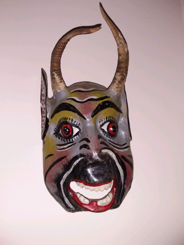Vintage Mexican wood carved and hand painted mask with horns