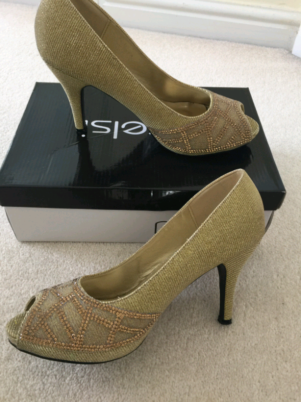 Ladies Gold Sparkly Diamante Open Toe, High Heel Party Shoes. Asian Si
