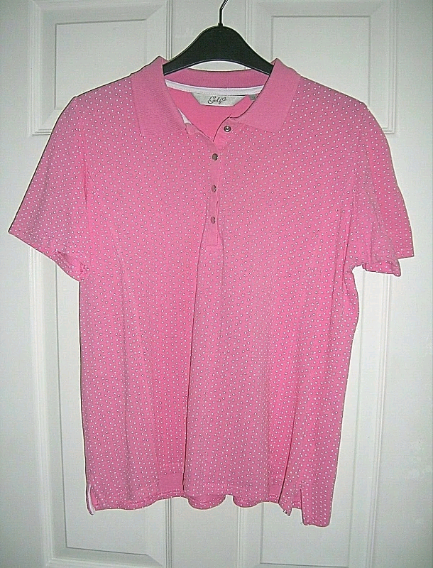 ewm Golf Co women's sz M pink with white spots s/s golf shirt