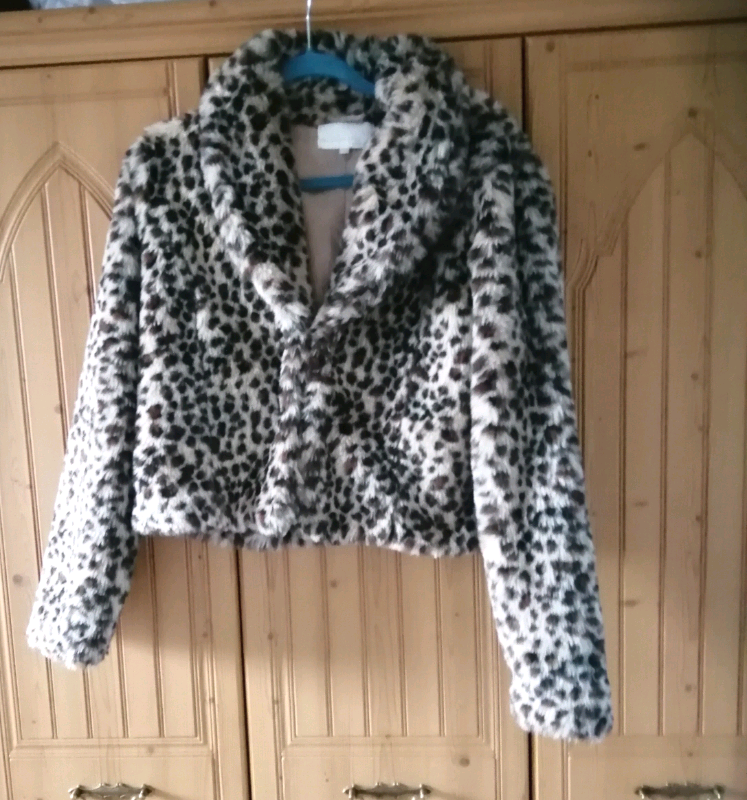Leopard Print Grey Faux Faux Jacket Size UK 14