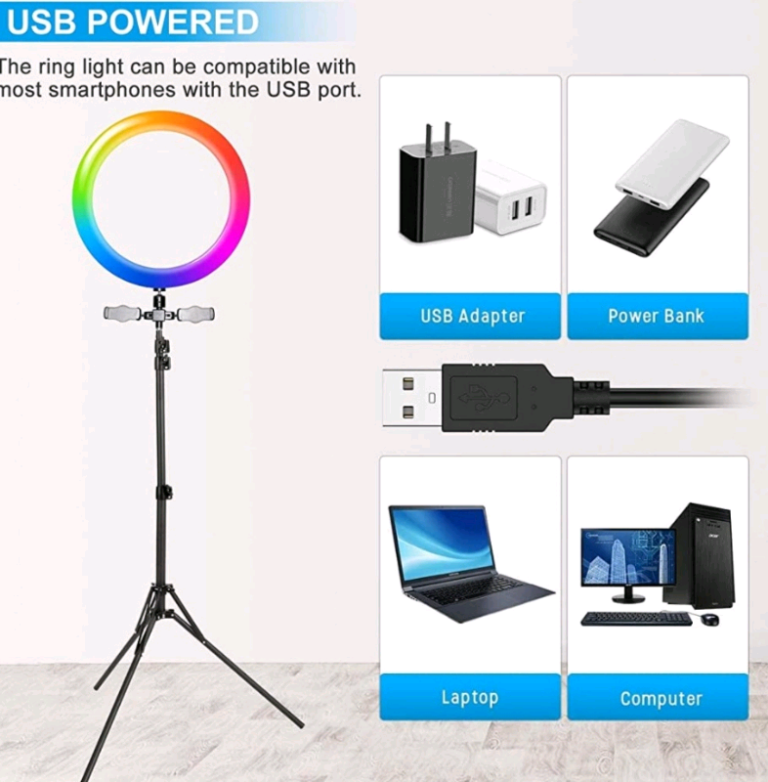 10"ring light with 13 colours, 13 flash modes, extendable tripod etc. 