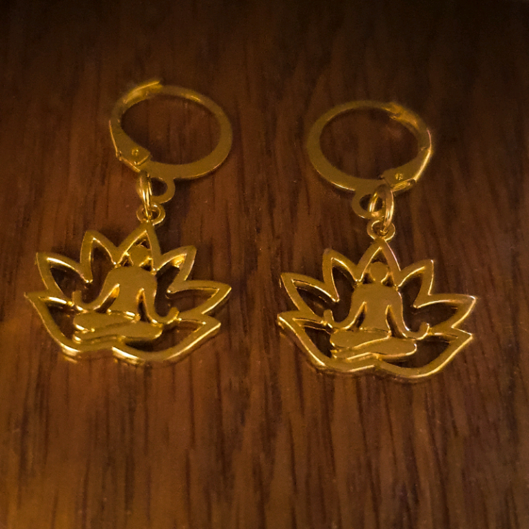 Womens meditation buddha lotus flower spiritual gold hoops earrings