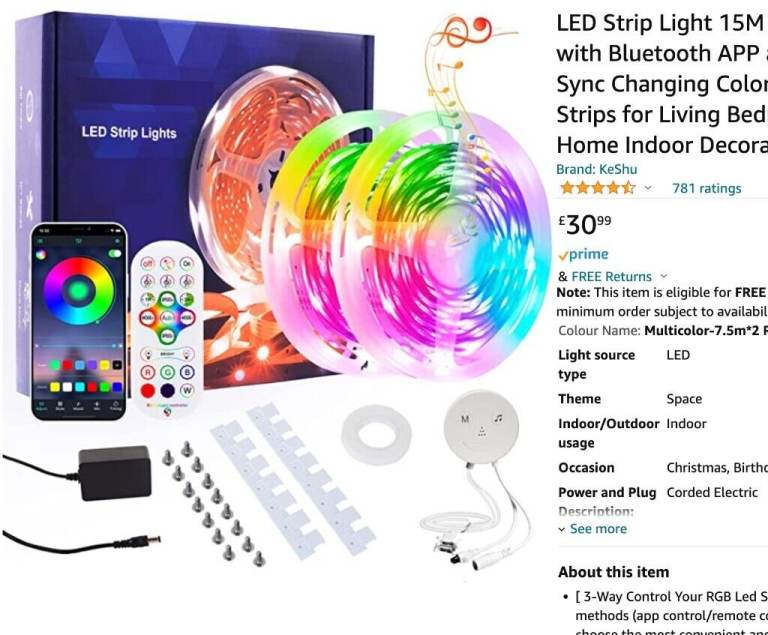 LED Strip Light 15M with Bluetooth APP and Remote Music Sync Changing Colour