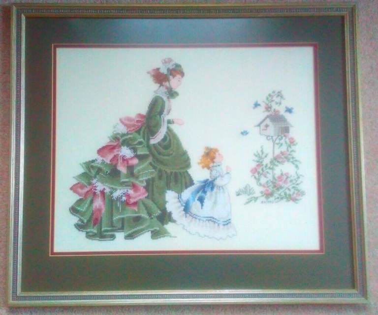 Large cross-stitch tapestry, professionally mounted, glazed and framed, perfect condition