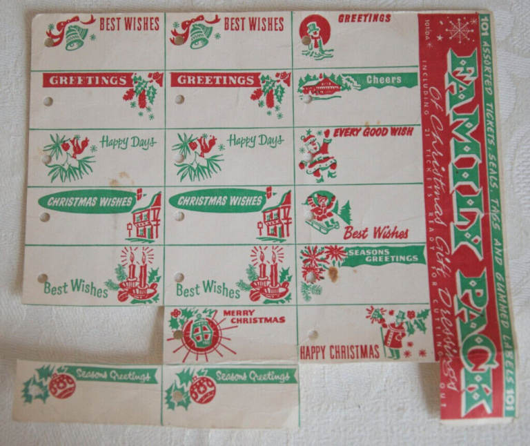 VINTAGE CHRISTMAS GIFT TAGS. Present dressings in traditional retro style. Red green white colours 