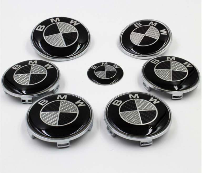 Bmw Badge Set Center Caps Bonnet Badge Boot Badge Steering 7 Piece set BLACK CARBON