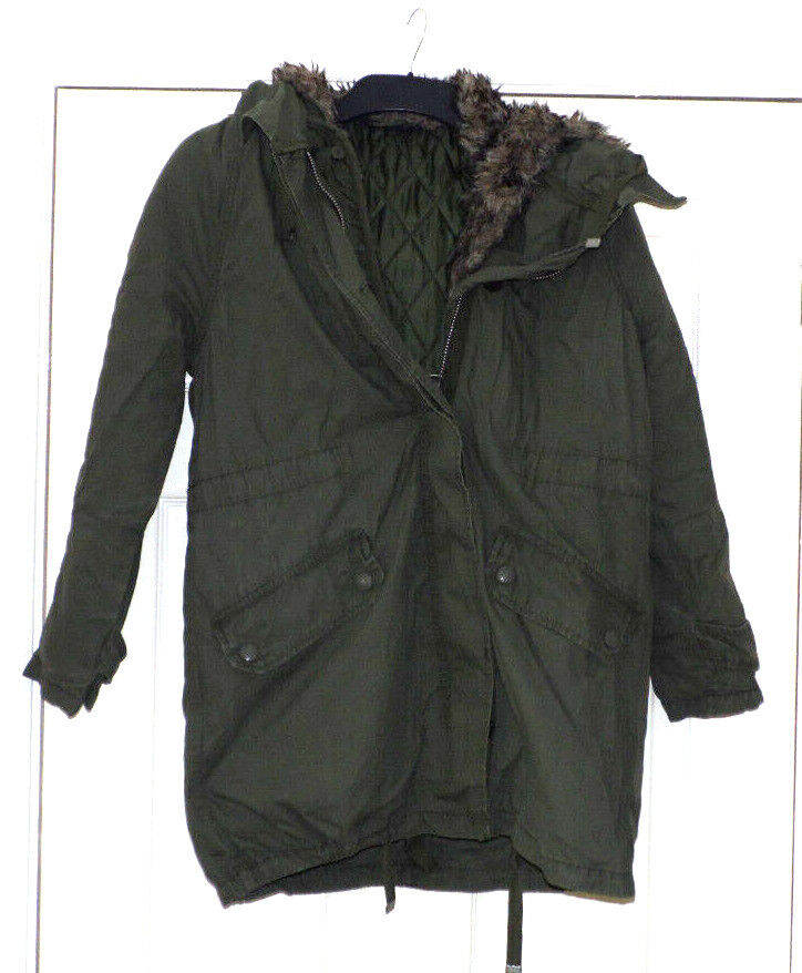 TOP SHOP PETITE GREEN PARKA FULLY QUILTED INNER FUR HOOD POCKETS WINDPROOF COAT