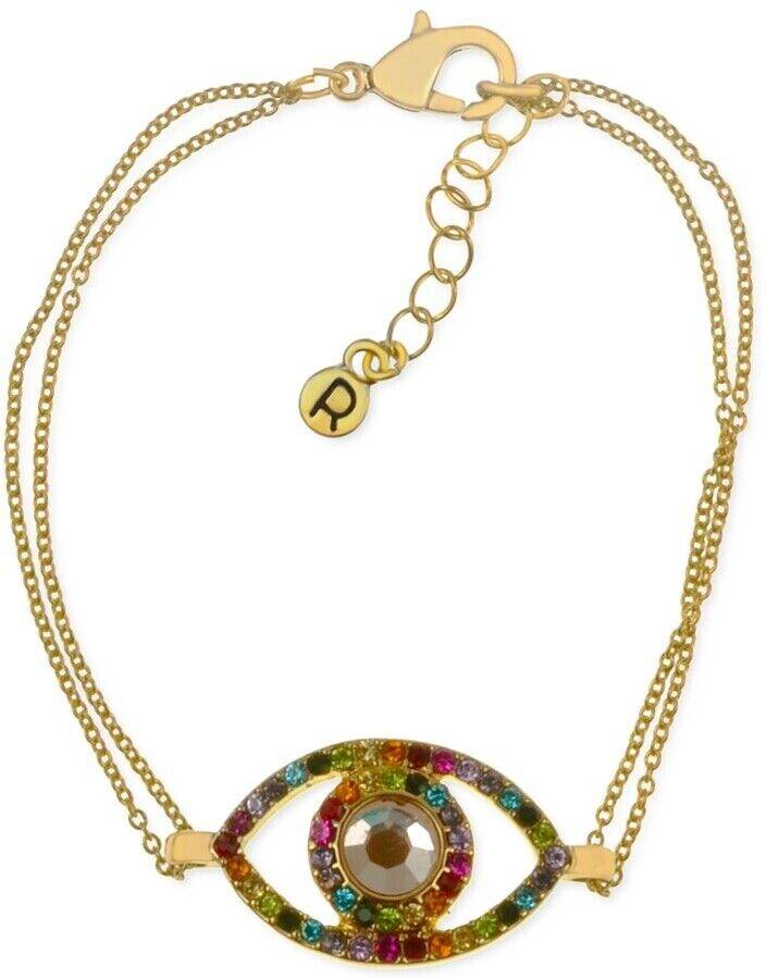 Gold-Tone Rainbow Pavé Evil Eye Double-Chain Flex Bracelet Brand New