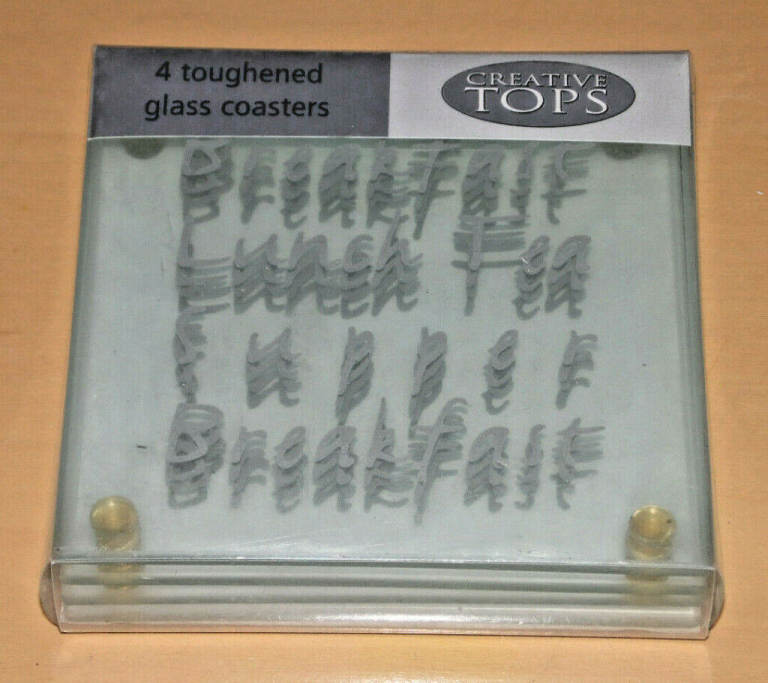 CREATIVE TOPS 4 TOUGHENED GLASS COASTERS BREAKFAST LUNCH TEA SUPPER 5 x 5 inch