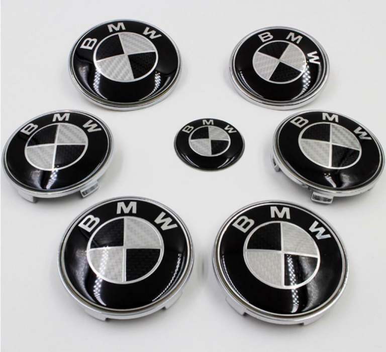 Bmw 7 piece set center caps bonnet boot steering badge sets can post - black white
