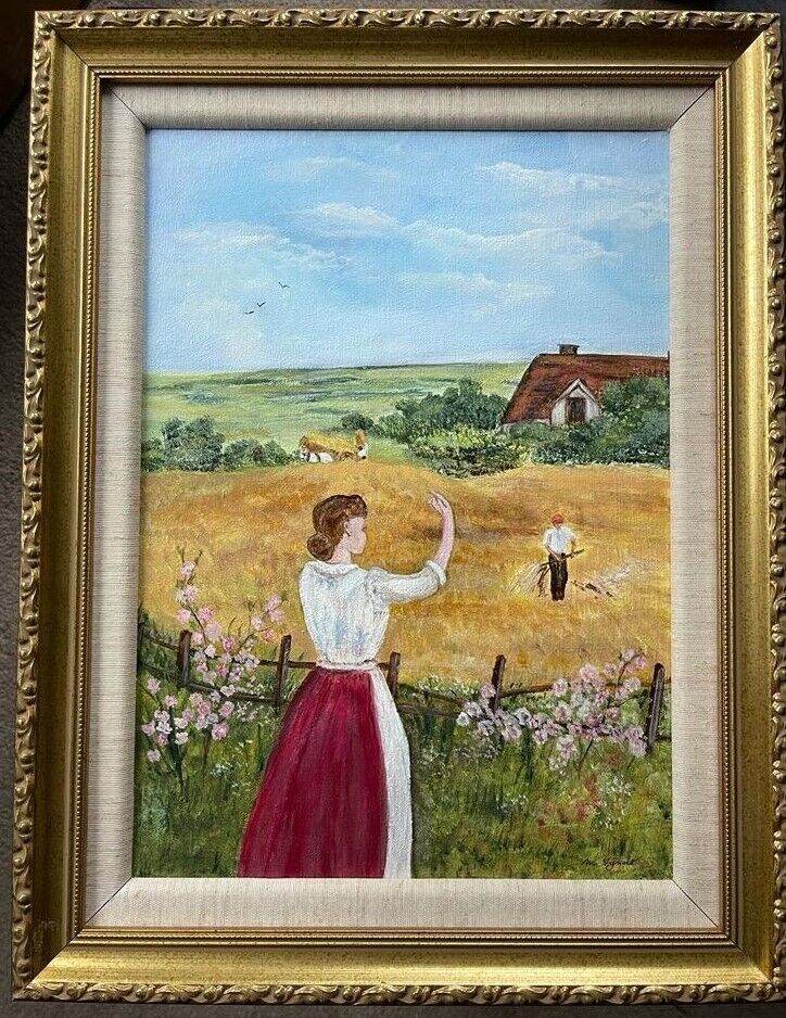 Original acrylic painting on canvas, harvest scene, professionally framed & signed by artist