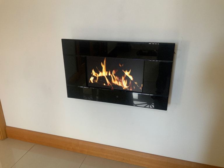Modern Wall Mounted Electric Fireplace – Black Glass Finish