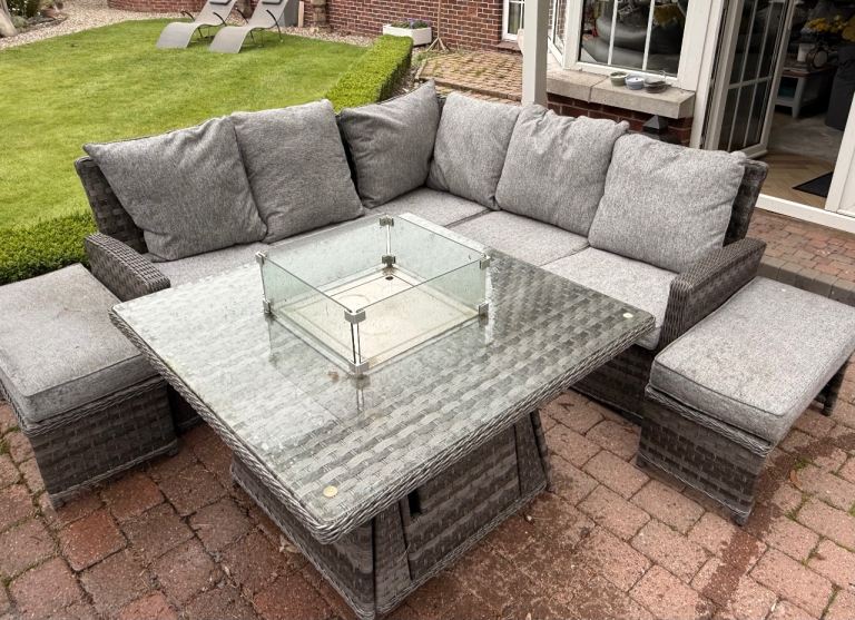 Grey garden sofa set with fire pit included 