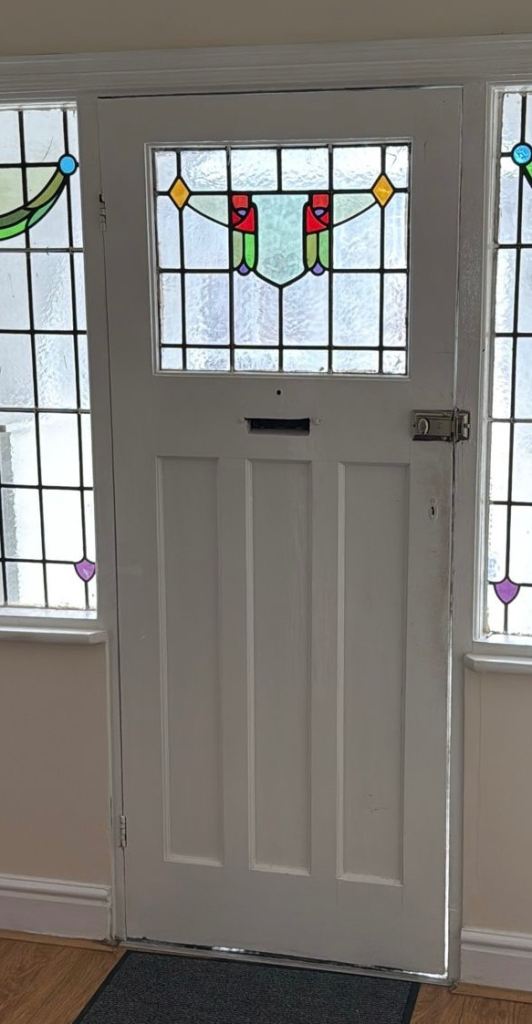 Period White Wooden Door with Stained Glass Panels