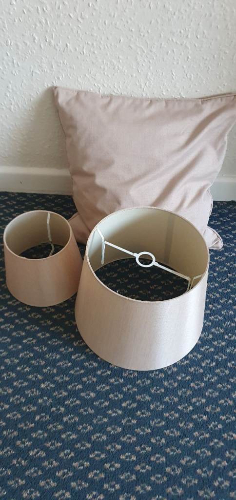 Pair of Cream/champagne Fabric Lamp Shades with matching cushion – Good Condition
