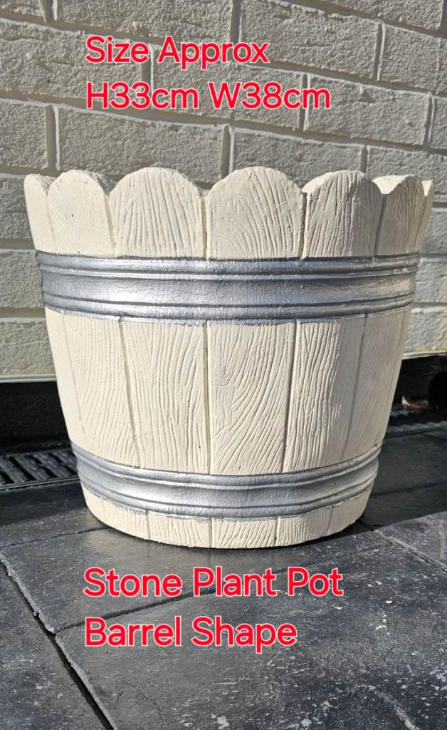 Garden Stone Plant Pot Wooden Barrel Effect Medium Cream Heavy