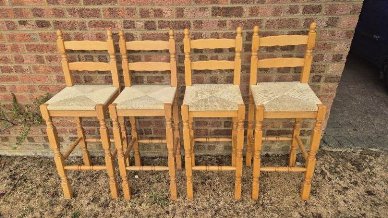 Set of 4 Wooden Bar Stools with Woven Seats – Good Condition
