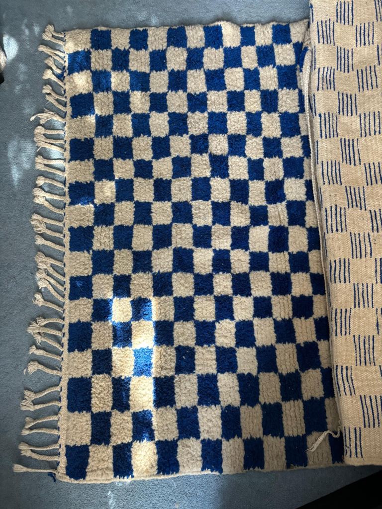 Handmade Moroccan Berber blue and white checkerboard rug 