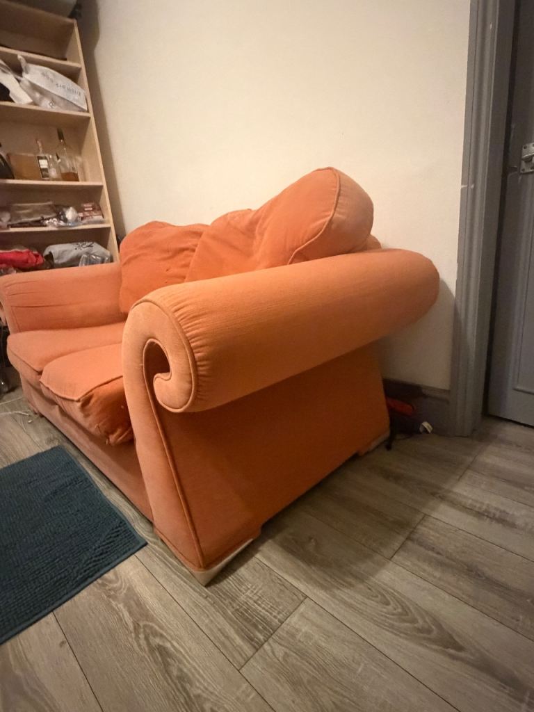 Comfy 2-Seater Sofa in Terracotta / Burnt Orange Fabric – Traditional Scrolled Arm Design