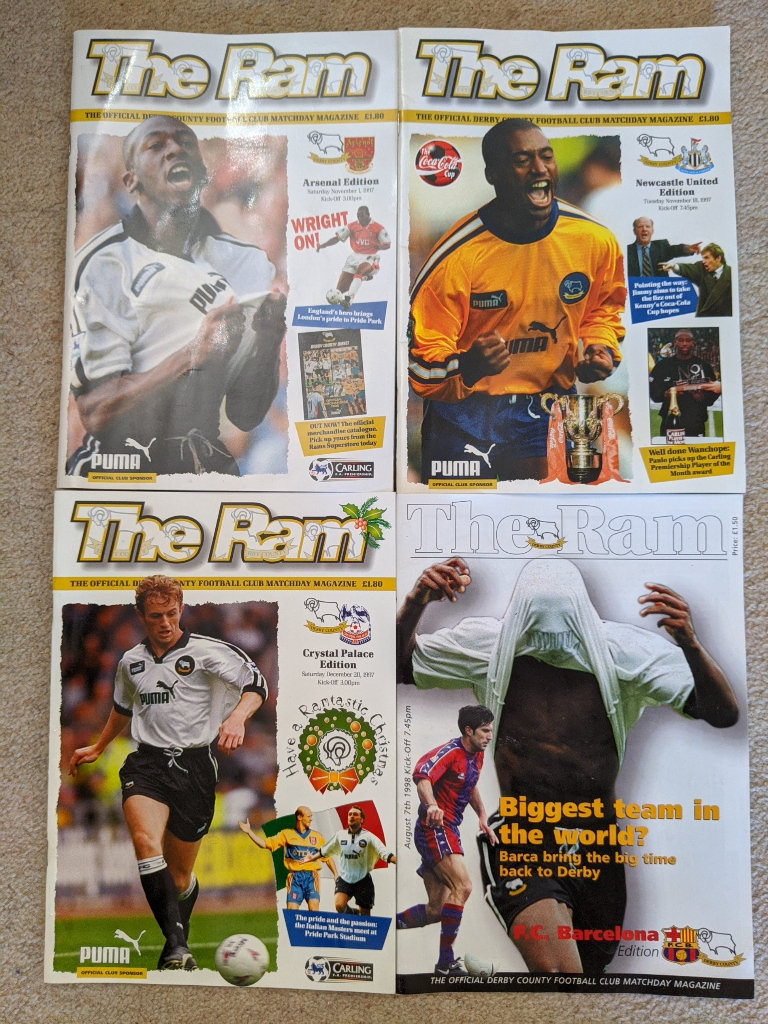 4 DERBY COUNTY FOOTBALL CLUB MATCH PROGRAMMES 1997-1998 AND 1998-1999 SEASONS