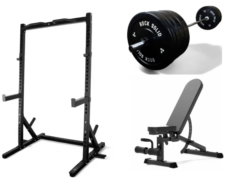 Half Rack, Olympic Barbell, 100kg weights, bench (new)
