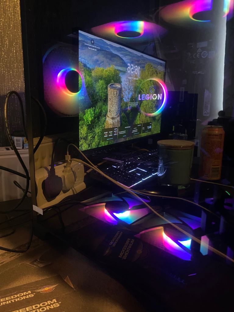 Lenovo Legion Gaming PC Setup with Monitor and RGB Fans