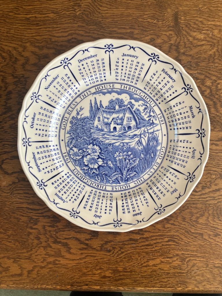 Vintage 1981 Calendar Plate - Blue and White Cottage Scene
