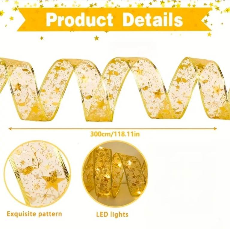 LED Christmas Tree Ribbon Lights – Gold Sparkling Wave, Battery-Powered
