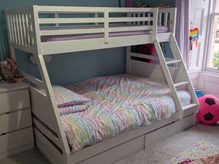 White Wooden Triple Bunk Bed with Storage Drawers – Good Condition