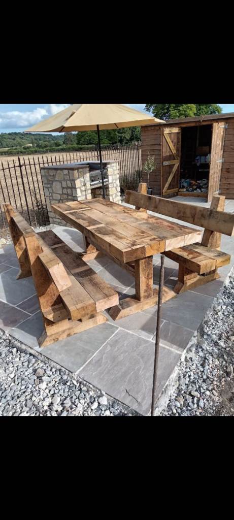 Solid oak sleepers handmade garden table and benches