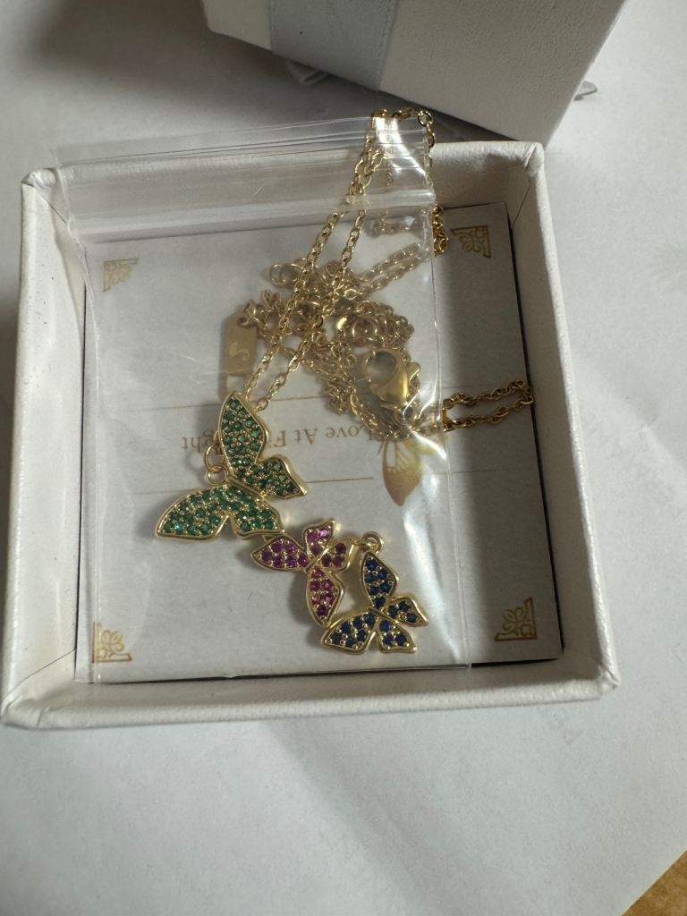 Flying Butterfly Emerald Diamond Pendant Gold Plated Necklace, Gift Package