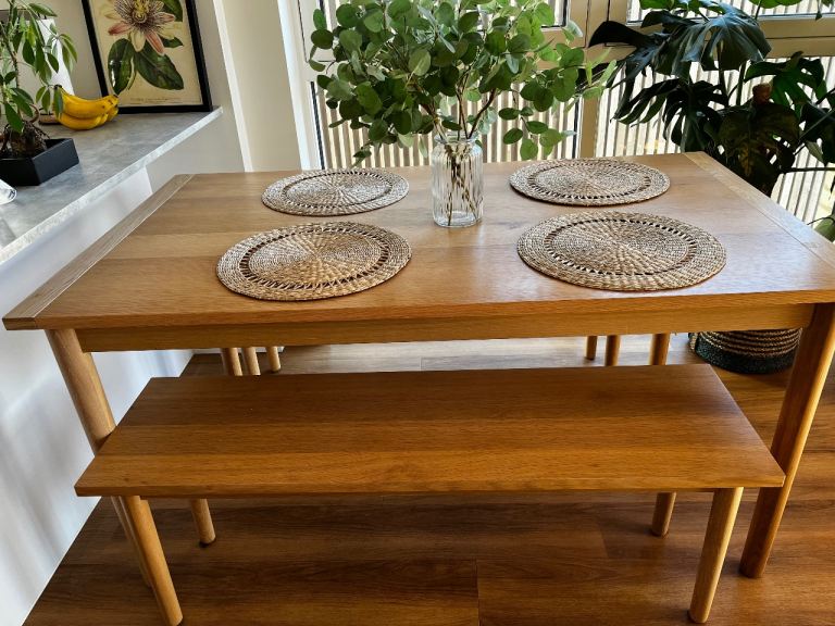 Oak dining table and benches