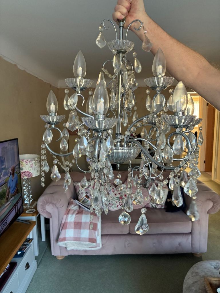 Silver Chandelier with Crystal Drops – Good Condition