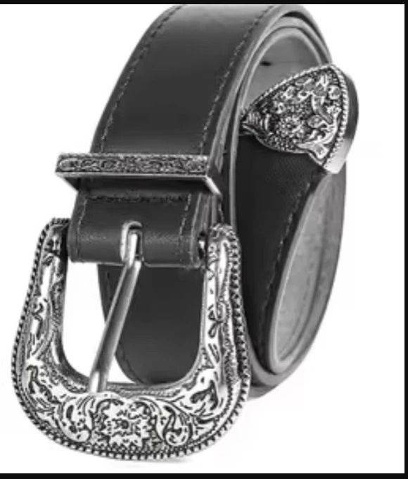 Unisex Western Cowboy Leather Belt | Black Floral Engraved Strap 28-29W