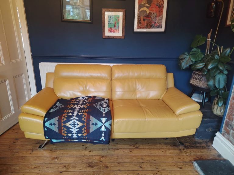 DFS 3 Seater Faux Leather Sofa in Mustard