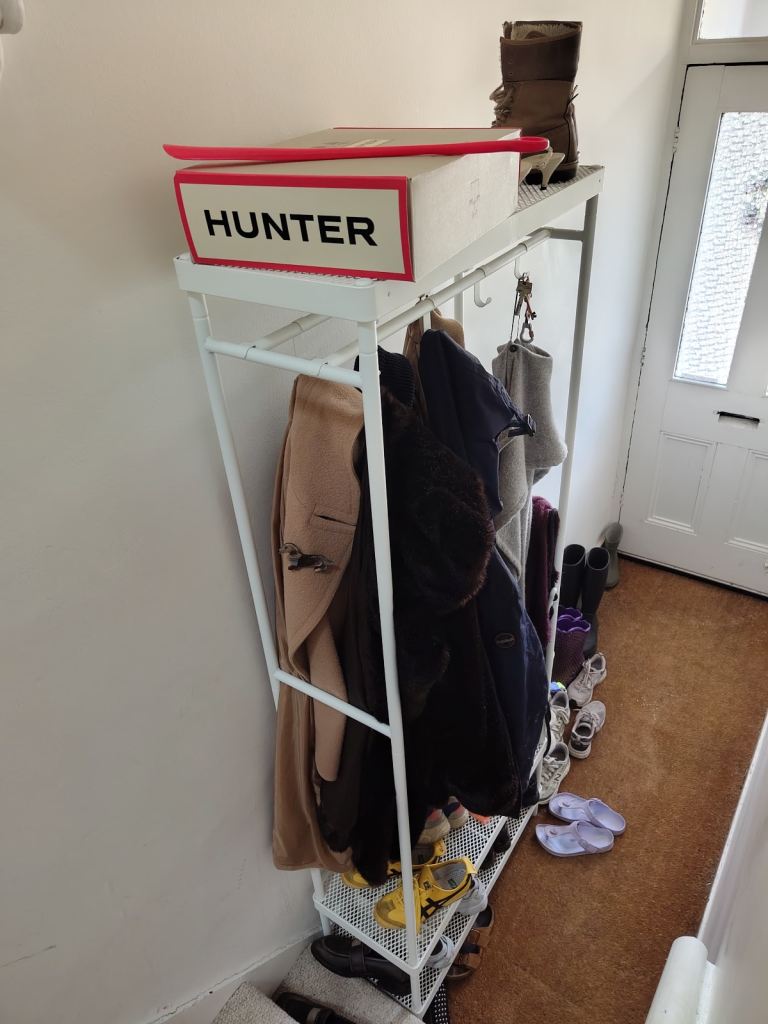 MACKAPAR White Metal Coat Rack with Shoe Storage