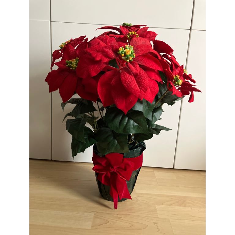 Faux/fake/artificial Poinsettia flowers plant in pot & bow, gorgeous! Christmas Xmas