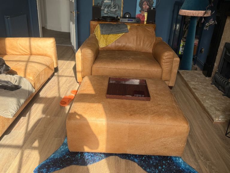 Price drop! DFS Julius Tan Leather Sofa Set (3-Seater, 2-Seater, Armchair, Pouffe) – Good Condition