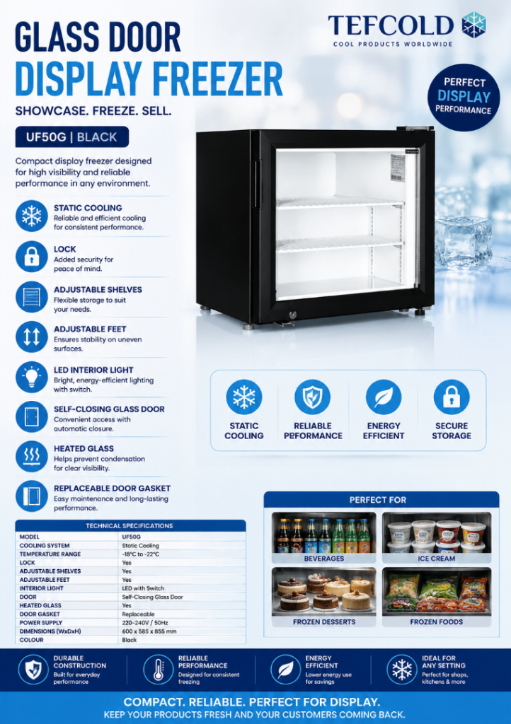 TEFCOLD UF50G Glass Door Display Freezer – Black