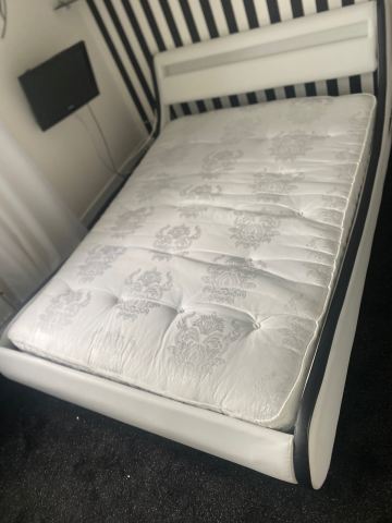 Double Bed Frame with Mattress – White, Good Condition, £125.00