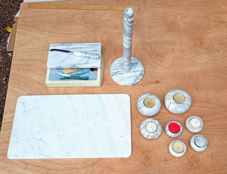Marble - Cheese Board and Knife Set - Kitchen roll holder - Large cutting slab - 8 candle holders