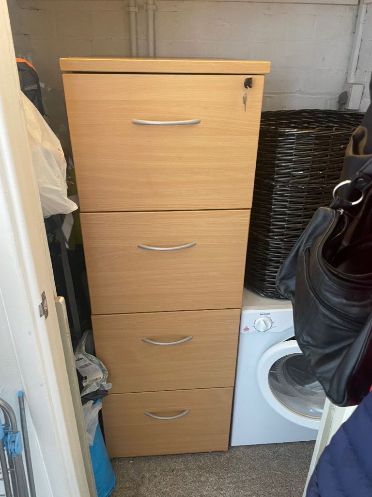 Wooden 4-Drawer Filing Cabinet with Key – Good Condition