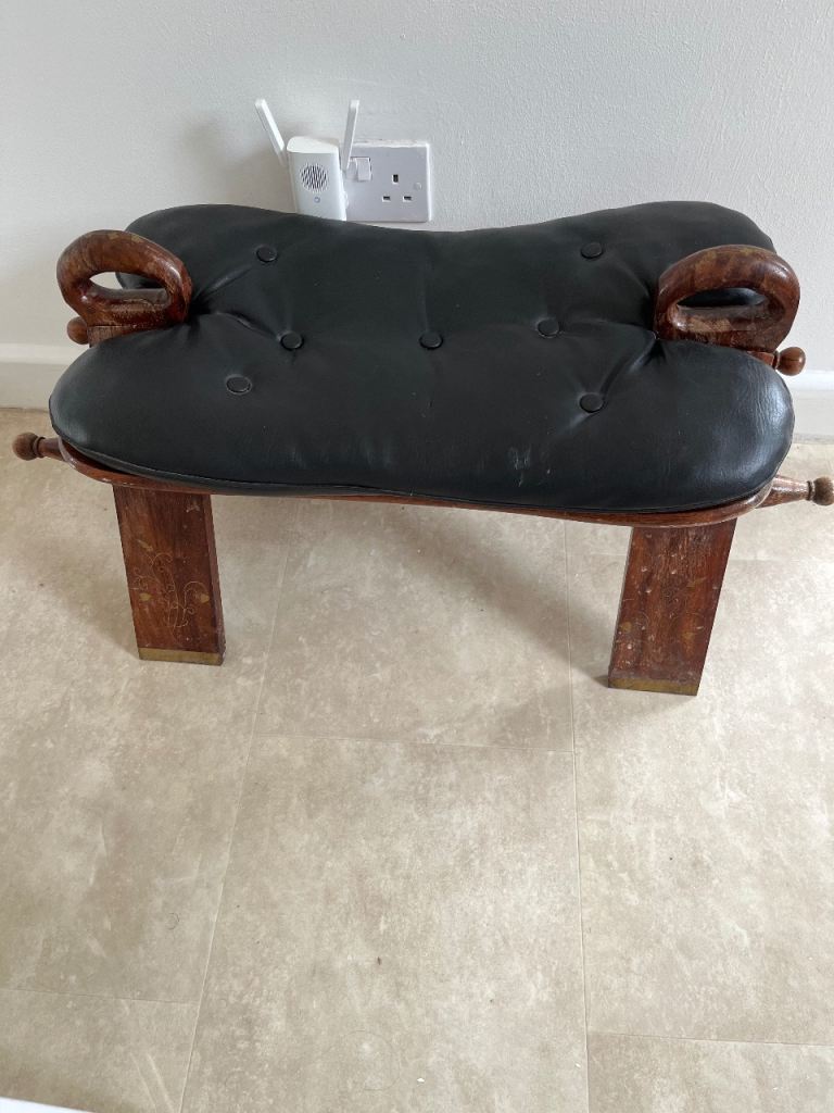 Vintage Camel Saddle Stool - Black Leather & Wood