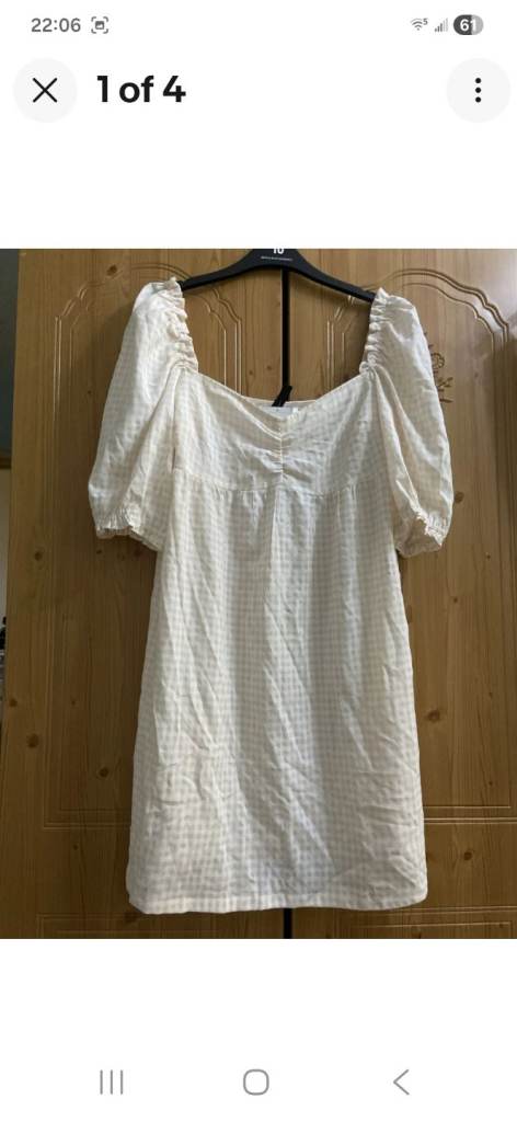 H&M Divided White Beige Gingham Mini Dress Puff Sleeves BNWT Size 14