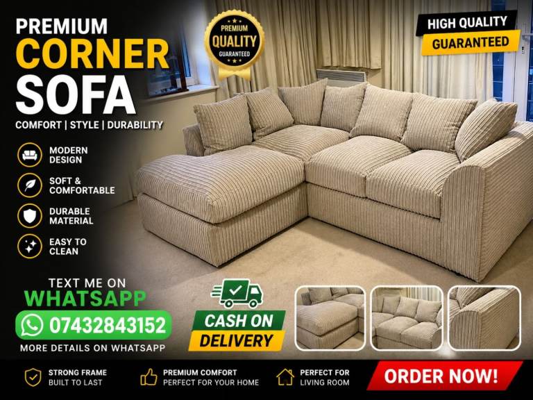 New Cord Corner & 3+2 Seater Sofas – Top Quality, Fast Next-Day Delivery